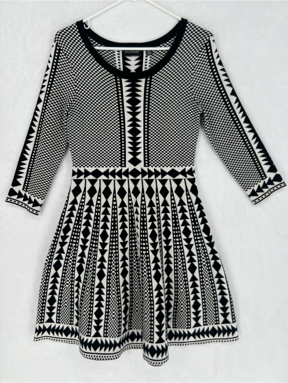 Nina Leonard Fit & Flare Sweater Dress Black White 3/4 Sleeve Sz S Coquette